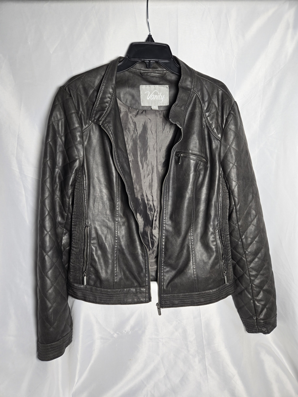 Vanity Dark Gray Quilted Sleeve Faux Leather Zip Jacket